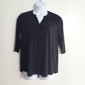 Woman Within Black Swingy 3/4 Sleeve Henley Tunic Top w/Buttons 14/16 NWOT